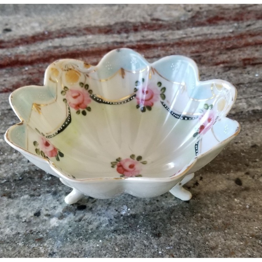 Vintage Hand Painted Nippon Moriage Footed Nut/Candy Bowl Floral Motif